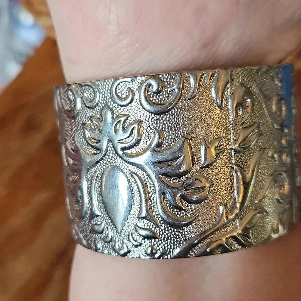 Wide Silvertone Scroll Design Cuff Bracelet - Picture 3 of 10